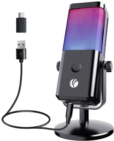VCOM USB Microphone for PC, with Headphone Jack, RGB Gaming Microphone with Mute Button, Gain Control, Noise Cancelling, Mic for Streaming, Podcast, VoiceOver, Recording