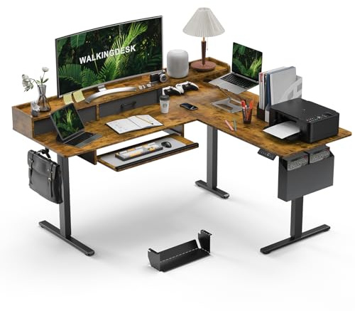 WALKINGDESK L-förmig Höhenverstellbarer Schreibtisch mit Tastaturablage, 160 x 140 cm Elektrisch Eckschreibtisch Höhenverstellbar mit 2 Schubladen, Steh-Sitz Computertisch für Büro, Rustikales Braun