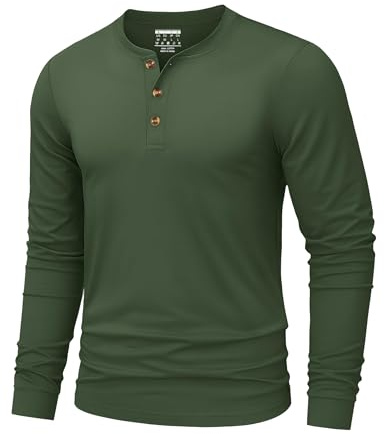 TACVASEN Maglia Henley T Shirt Uomo Cotone Maglietta Uomo Manica Lunga Sottogiacca Elegante Base con Sfilo Bottoni Pullover Casual Verde Militare, XL