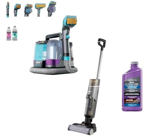Shark StainStriker HairPro spécial animaux, Aspiration 450 W, PX250EUT + Shark HydroVac Nettoyeur sans Fil sols durs, Brosse roulante antimicrobienne et Solution Multi-Surfaces, WD210EUCP