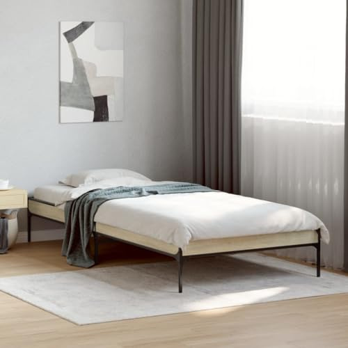 QJBSAVVA Bettgestell 90x200 aus Holzwerkstoff & Metall Sonoma Eiche für Jugendzimmer und Gästezimmer Modernes Design Robust & Langlebig für Schlafzimmer Single Bett