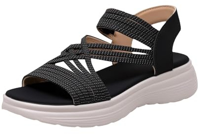 Scarpe da donna in tessuto elastico con zeppa, sandali multi cinturino Hook & Loop scarpe sportive con piattaforma per viaggi estivi passeggiate, Nero , 40 EU