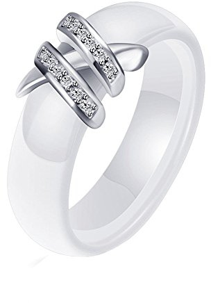 HIJONES 6MM Ceramica Anello da Donna in Acciaio Inossidabile con Cubic Zirconia Matrimonio Fidanzamento Doppio Bianca Dimensione 15