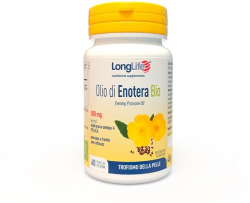 LongLife® Olio di Enotera Bio 500mg | Omega-6 | Titolato al 9% in acido gamma-linolenico (GLA) | BIO | Salute della pelle e delle articolazioni | Ciclo mestruale | Fino a un mese di trattamento