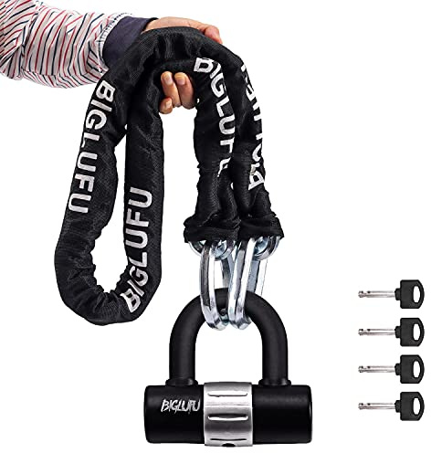 BIGLUFU Motorcycle Lock Chain Locks with 4Keys 16mm U Lock, 150cm/5ft Heavy Duty Long Chain, Cut Proof 12mm Thick Chains, Ideal for Motorcycles, Motorbike, Bike, Generator, Gates, Bicycle, Scooter