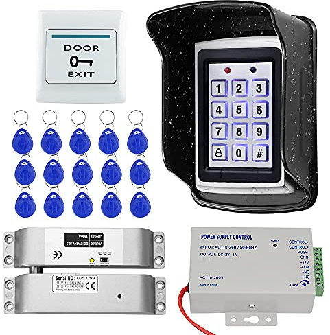 KUMU Sistema de Control de Acceso de Puerta RFID Impermeable al Aire Libre Teclado de Metal Cerradura Electrónica+Cubierta a Prueba de Lluvia+Botón de Salida+Llaveros de 15pcs para el Hogar/Oficina