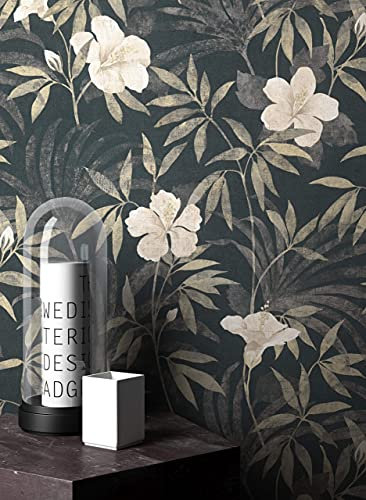 NEWROOM Tapete Schwarz Vliestapete Blumen - Blumentapete Floral Beige Weiß Blätter Dschungel Dschungeltapete Romantisch inkl. Tapezier-Ratgeber