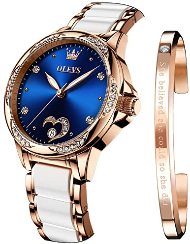 OLEVS Ladies Watches Automatic Elegant Mechanical Analogue Fashion Diamond Dress Date Ceramic Stainless Steel Strap Rose Gold Wrist Watch for Women