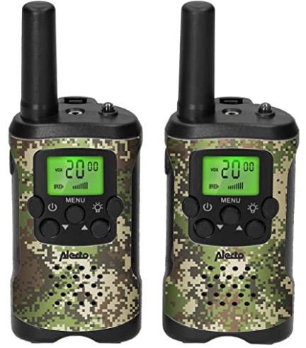 Alecto FR-115 - Set de Deux talkies-Walkies pour Enfants - Walki Talki avec portée jusqu'à 7 kilomètres - Walky Talky 8 canaux - Lampe de Poche intégrée - écran éclairé - Camouflage