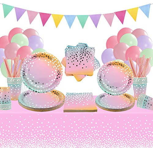 Ywediim Rainbow Colors Party Tableware - Pastel Party Decoration Tableware Includes Banner, Plates, Cups, Napkins, Straws, Tablecloth, for Wedding Shower Engagement Birthday (25 Guests) (Set B)