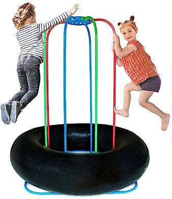 TubeRoo Jump-a-Round Mini Trampolin Indoor Outdoor für Zwei Kinder oder mehr Personen ab 2 Jahre bodentief mit Haltegriff Stangen Bodentrampolin Gartentrampolin aufblasbarer Kindertrampolin Hüpfburg