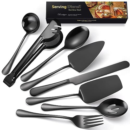 AARAINBOW Set di 8 utensili da servizio, grandi posate a buffet, con cucchiaio, in acciaio inox, per insalate, torte, posate da insalata, per feste, banchetti (8 nero)