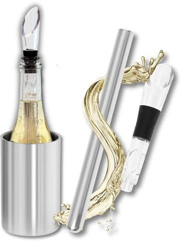 Edelstahl Weinkühler Set • Kühlstab Weinflasche + Flaschenkühler Set • Geschenk für Weinliebhaber • Weinkühler Stab inkl. Ausgießer und Belüfter + Sektkühler • Weinkühler & Sektkühler • Weinkühlstab