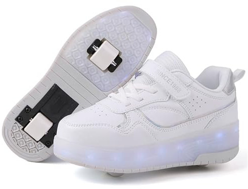 Schuhe mit Rollen für mädchen Jungen Verstellbare Rollschuhe Schuhe Einziehbar Turnschuhe mit Rollen für Kinder LED Blinkend Roller Skate Shoes für Outdoor-Sportarten,Weiß,32EU