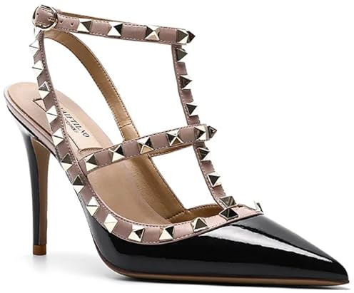 Generic Sandali con tacco alto da donna Sandali con borchie con rivetti Fibbia alla caviglia Scarpe con cinturino a spillo Sandali con tacco da donna in ufficio 37 Neroluminoso10cm