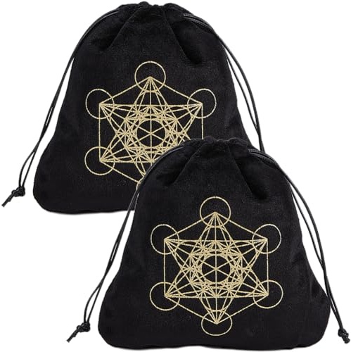 CREATCABIN 2 Bolsa Tarot Terciopelo,Bolsa Almacenamiento para Tarjetas Tarot,Soporte para Cubo Metatrón,Runa con Cordones,Embalaje Grande para Cartas Tarot,Joyas Cristal,Dados,16.5x15cm,Color Negro