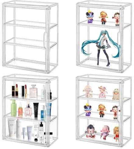 Montex Acrylic Display Case for Collectibles 3 Tier, Figure Display Case with 2 Movable Plates, Dustproof Showcase for Collectibles, Clear Display Case for Figures(4 Pack)