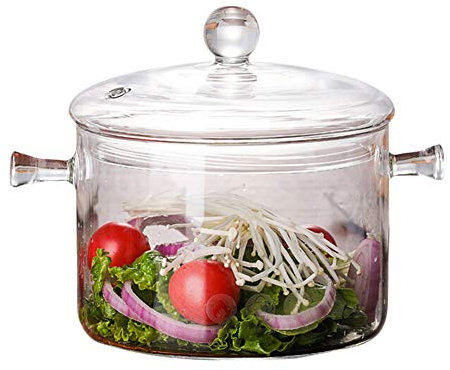 Glas Kochtopf, 1350 ml Glastopf Kochtopf, mit Deckel und Griff, Suppentopf, Hochtemperaturbeständiger Transparenter Glaspfanne für Pasta, Nudeln, Suppe, Milch, Tee und Salat