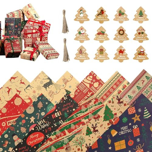 Geschenkpapier Weihnachten, 12 Rollen weihnachtsgeschenkpapier rollen 70x50cm, Kraft Geschenkpapier Weihnachten, mit 12 Weihnachtskarten Anhänger und 2X10m Baumwollseil