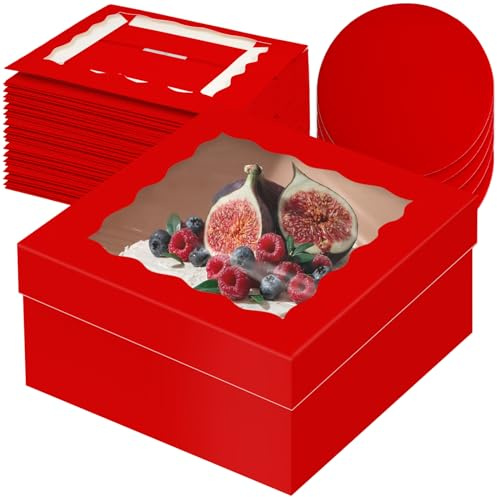 Gcardist 12x12x6 Inch Cake Box, 5 Sets Red Cake Box with Window & 5 Sets 12 Inch Red Cake Round Boards, Cake Containers(30.5x30.5x15.2cm)