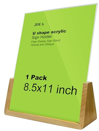 JDEA U-shaped Acrylic Sign Holder with Wood Base Menu Holder Flyer Holder Poster Stand Photo Stand Widened Base Windproof, Can Be Used Outdoors (8.5*11)