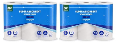 by Amazon Classic Kitchen Roll, 3-ply, Strong and Absorbent, 3 Rolls (2 Pack of 3), 80 Sheets per Roll