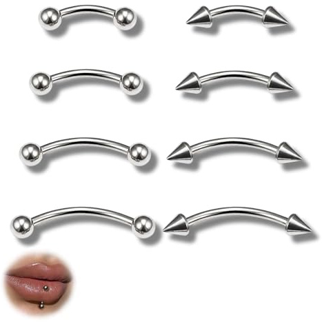 LynixTrade 8PCS Vertical Labret Lip Bars Eyebrow Piercing Jewellery Curved Barbell Piercing Forward Helix Jewelry Rook Jewellery 6/8/10/12mm