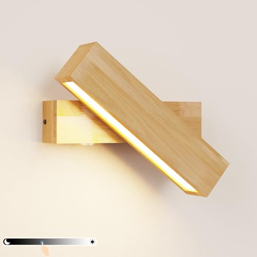 HMAKGG Trä vägglampa med strömbrytare, LED 270° vridbar | Naturlig design, touch-drift, 6 W 3 000 K varm vit väggbelysning, perfekt för läsning i sovrummet och vardagsrummet
