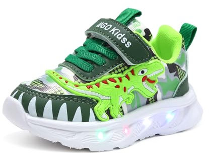 LED Leuchtschuhe for Kinder, Blinkende Turnschuhe, Dinosauriermuster, 1-6 Jahre alte Jungen Sportschuhe, Frühling und Herbst, Running Freizeitschuhe Mit Klettverschluss(Grün,23 EU)