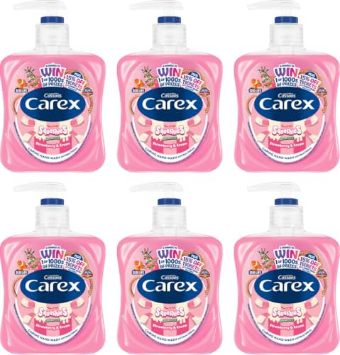Carex Fun Editions Squashies Strawberry & Cream Hand Wash Pack of 6, Antibacterial Hand Soap with Fun Edition Swizzles Love Hearts Fragrance, Soap that Cleans, Cares and Protects, 6 x 250ml
