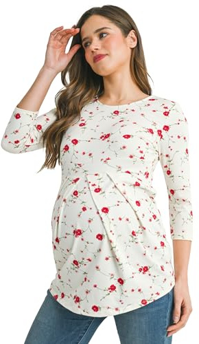 LaClef Women's Round Neck 3/4 Sleeve Front Pleat Peplum Maternity Top, Ivory Red Flower, XL