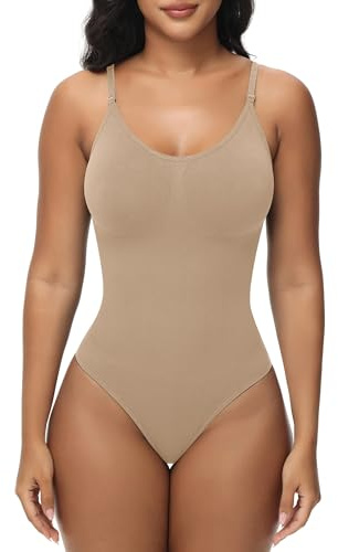 Breampot Women Shapewear Bodysuit Tummy Control Seamless Sculpting Adjustable Straps Body Shaper (S/M, Beige-Thong)