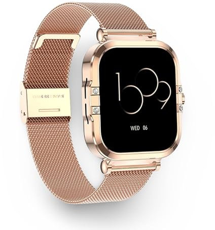 Luxora Montre Connectée Femme – Écran AMOLED 1,75’’ HD – Appels Bluetooth, Notifications & Suivi Santé – 2 Bracelets (Métal &Silicone) Ajoutés – Design Élégant Boîtier Doré – .SOS