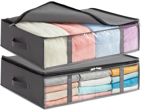 Lifewit 40L förvaring under sängen, 2-pack, vikbara förvaringspåsar för kläder med genomskinligt fönster på framsidan, garderobsorganisering och förvaring för handdukar, kläder, täcken, Grå