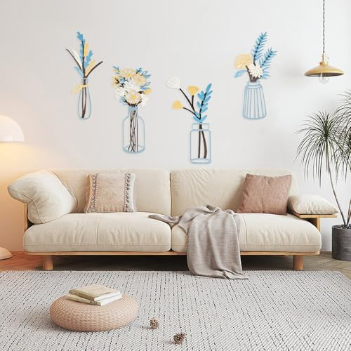 wocpvm Metal Flower Wall Art Set of 4,Nordic Style Metal Flower Vase Wall Decor,Iron Hanging Decor for Living Room,Bedroom,Bathroom,Patio 30x15 cm