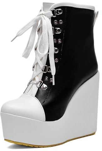 LarDorLin Plataforma Tacón de Cuña Mujer Cordones Botas Cortas Punta Rojoonda Invierno Warm Strappy Biker Botín Moda Negro Talla 39 EU (40 CN)