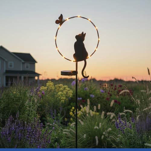 Maximex Solar LED trädgårdsplugg katt med fjäril, skymningssensor, väderbeständig, solcellsljus för trädgård och balkong, 20 x 85 x 11,2 cm, metall