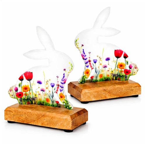 com-four® 2x coniglio decorativo in metallo con base in legno di mango, statuetta pasquale elegante da appoggio