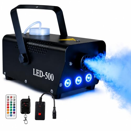 Máquina de Humo 500W, Mini Niebla Máquina con Luces RGB LED de 3 Colores, 300ml Tanque, Control Remoto Inalámbrico, Automático, Portátil, para Halloween Fiestas Bodas DJ Escenario (B)