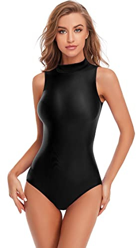 speerise Women Mock Neck Sleeveless Leotard Spandex Dance Bodysuit Black L