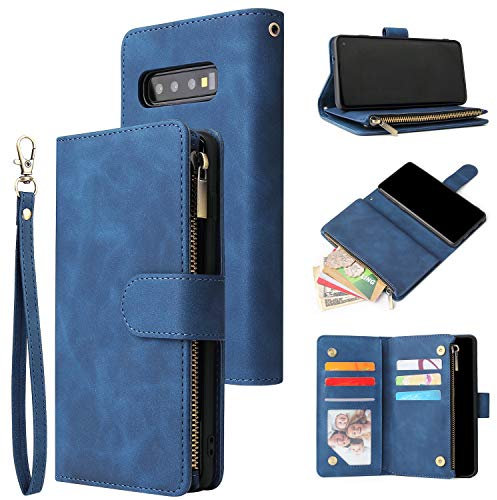 QLTYPRI Case for Samsung Galaxy S10, Large Capacity Leather Wallet Case 6 Card Holder & 1 Zipper Pocket Kickstand Wrist Strap Magnetic Protective Cover for Samsung Galaxy S10 - Blue