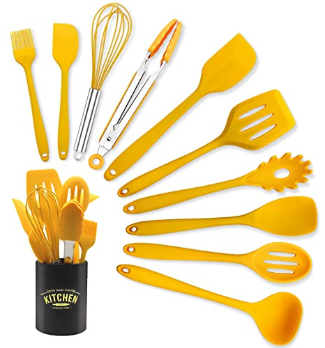 FTNESGYM 11 Piece Cooking Kitchen Utensils Set, Yellow Cooking Utensils Set, Non-Stick Silicone Spatula Set with Iron Holder, Silicone Kitchen Gadgets Utensil Set (Yellow)