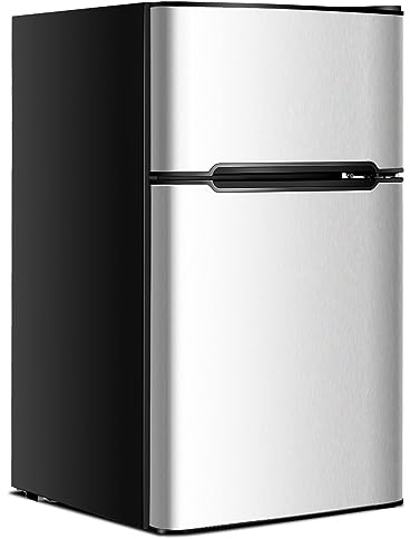 GOPLUS Frigorífico 90 L, Minifrigorífico con Congelador de 27 L y Frigorífico 63 L con Marco de Acero y Termostato Ajustable, Mini Nevera de Bajo Consumo para Casa Oficina 48×49,5×86 CM (Gris)
