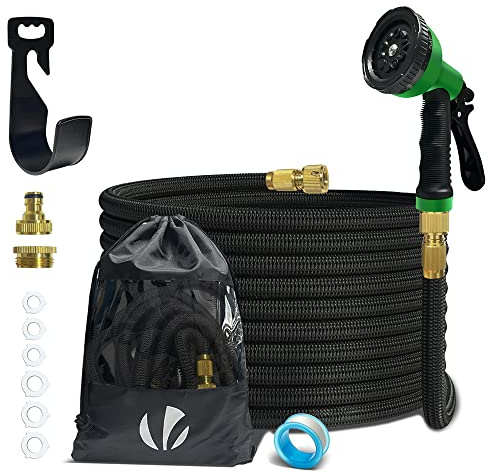 VOUNOT® Tubo Irrigazione Estensibile 15m, Tubo Flessibile da Giardino con Pistola a Spruzzo d'Acqua 10 Funzioni, Connettore in Ottone 1/2 e 3/4 e Gancio e Organizer Inclusi, Nero