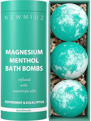 Menthol Fizzing Bath Bomb Eucalyptus Peppermint Epsom Salt- Refreshing & Energizing - Luxurious Bubble Spa with Your Essential Oil Infused Bath Oil Bombs - Post Workout Sore Muscles Recovery Gift