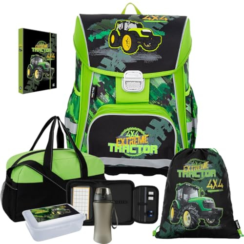 Generisch Traktor - Bulldog - Oxy Bag PREMIUM Schulranzen-Set 7tlg. mit Sporttasche Brotdose Trinkflasche Heftbox A5