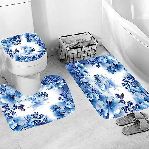 Badematten & Badteppiche Set 3 Teilig Blau Weiß Schmetterling Muster Badezimmerteppich und WC Vorleger mit Ausschnitt Waschbar rutschfeste Badvorleger Toilette Teppich (White, 3pc)