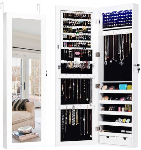 HOMASIS Specchio Portagioie da Parete, Armadietto Portagioie con LED e Serratura, Armadio Portagioie con Specchio a Figura Intera da Porta, Organizattore per Gioielli, Gancio di 4,6 cm, Bianco
