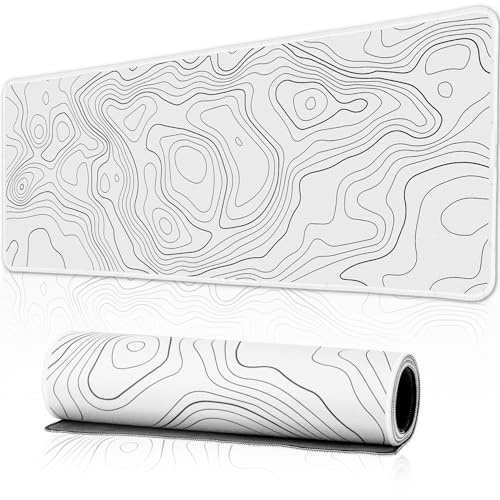HAUTOCO Grande tappetino per mouse da gaming, topografico, XL, bianco, 80 x 30 cm, grande tappetino da scrivania con base antiscivolo e bordo cucito, per gaming, casa, ufficio, lavoro