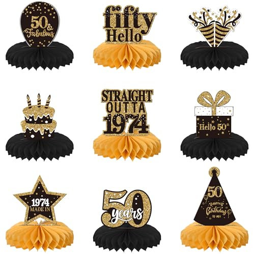 Xsstarmi 9 Stück 50th Happy Birthday Wabenaufsätze Straight Outta 1974 Fifty Hello 50 Fabulous 50 Years Tischdekoration für Happy Birthday Thema 50. Geburtstag Partyzubehör